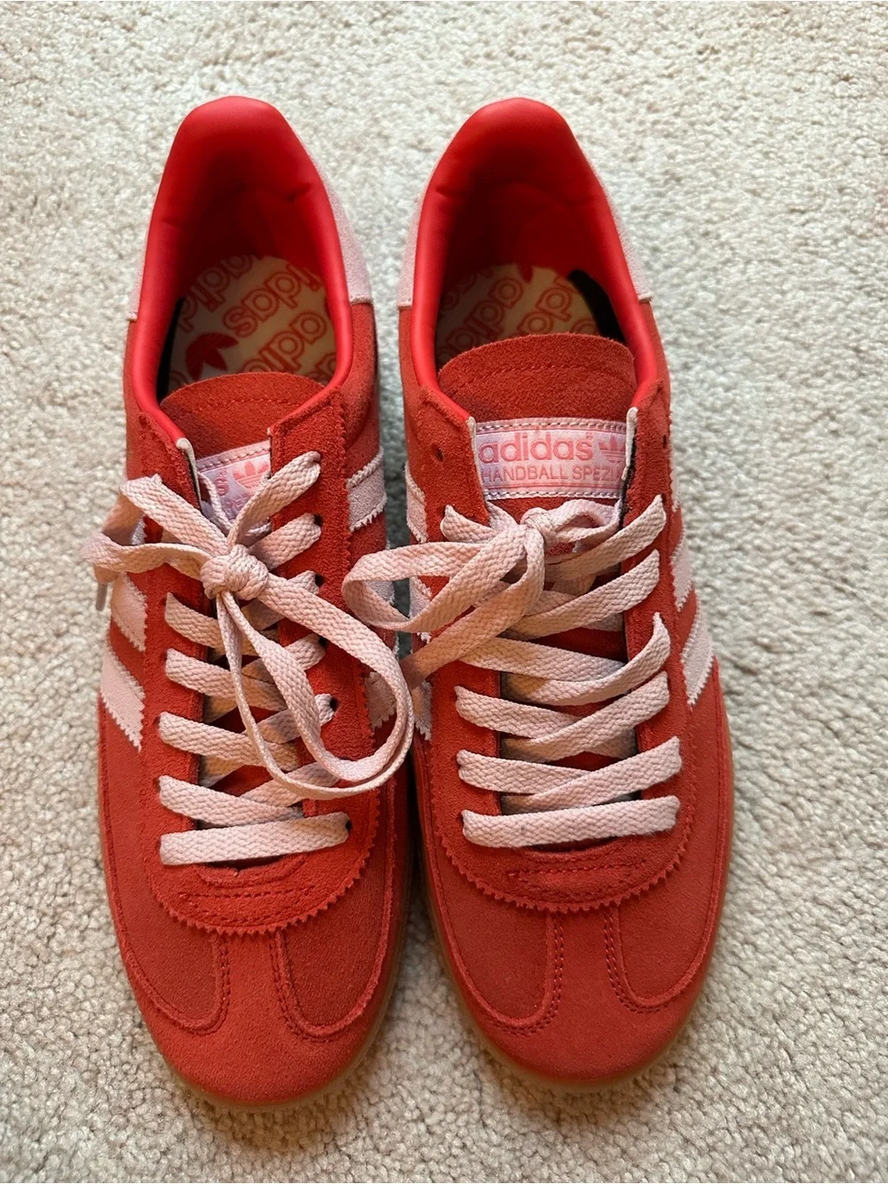 adidas men’s Red Suede Retro Spezial with Pink Stripes and Gum Sole unisex